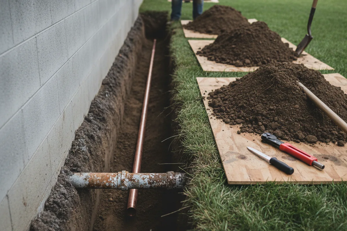 Excavated water line trench during Water Heater Repair in Port Leyden
